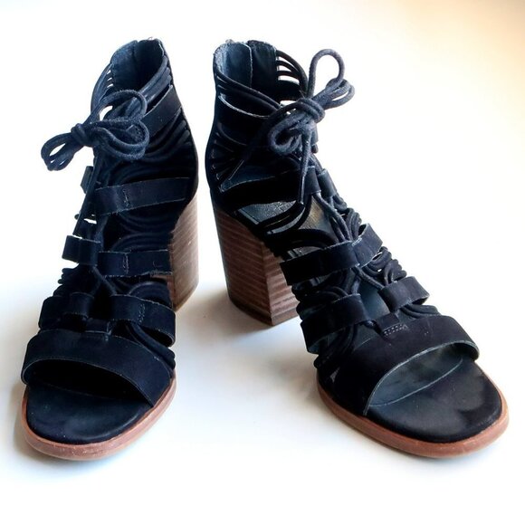 Vince Camuto Black Suede Leather Strappy Cutout Block Heel Sandals Bootie Shoes - Picture 4 of 15